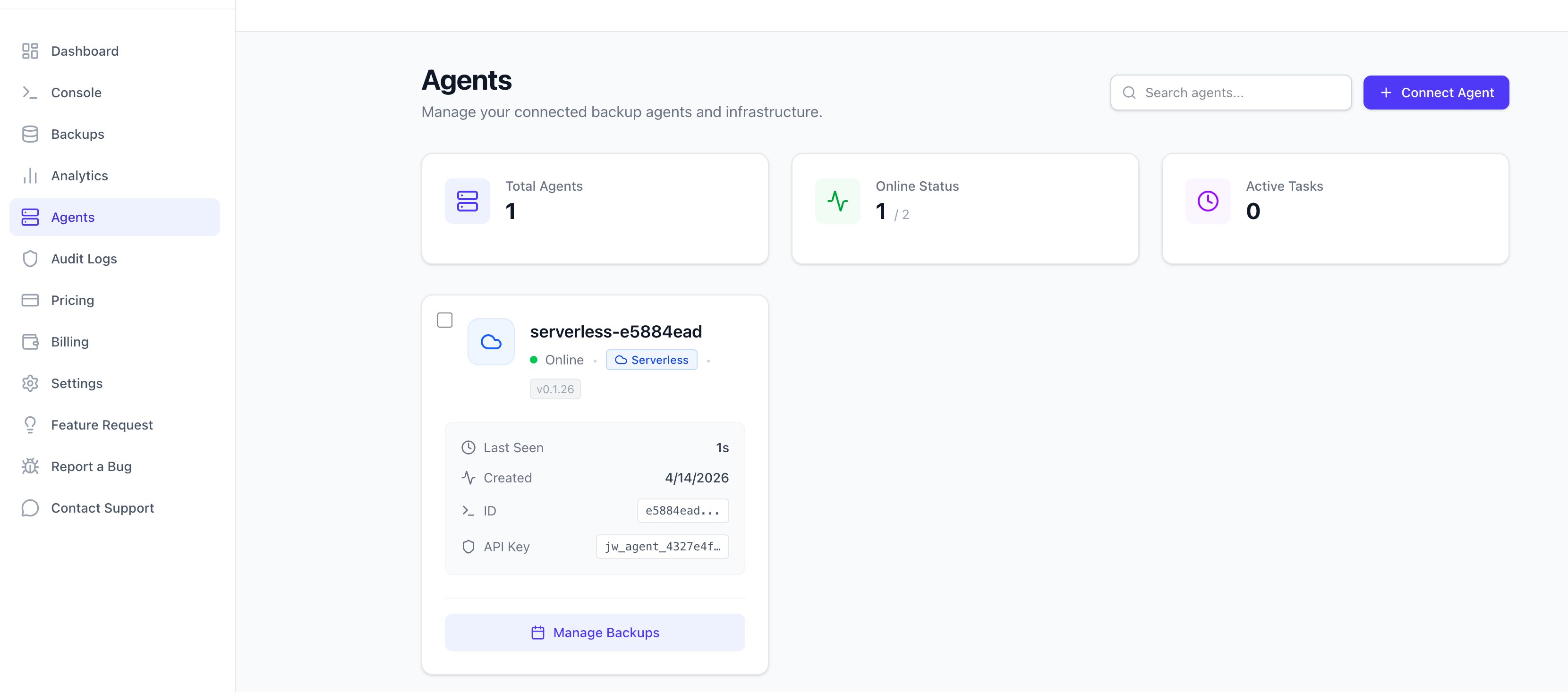 JokoWipe Agents page showing the Connect Agent button