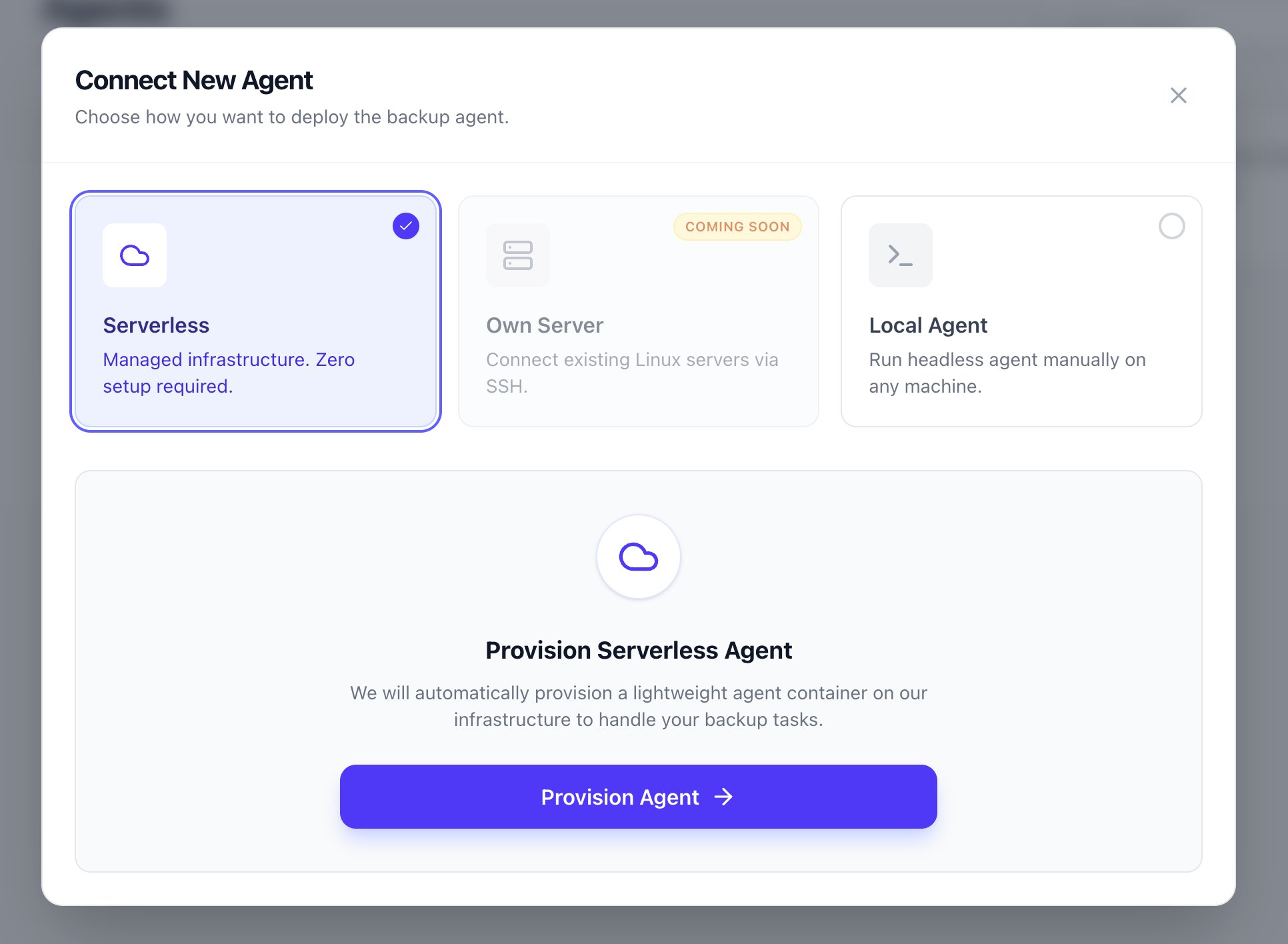 Connect New Agent modal with Serverless option selected