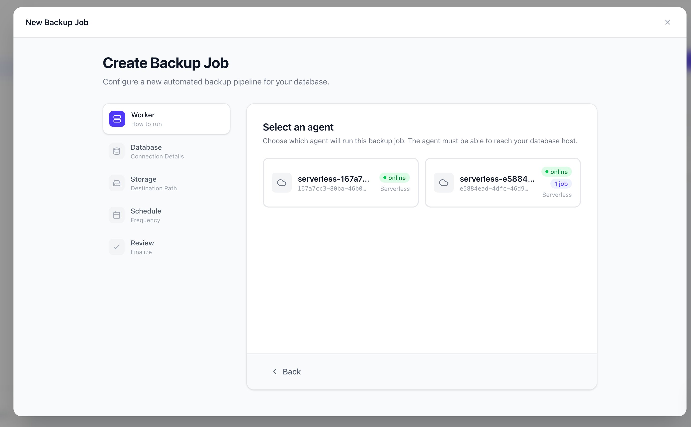 Backup job wizard — select an agent step