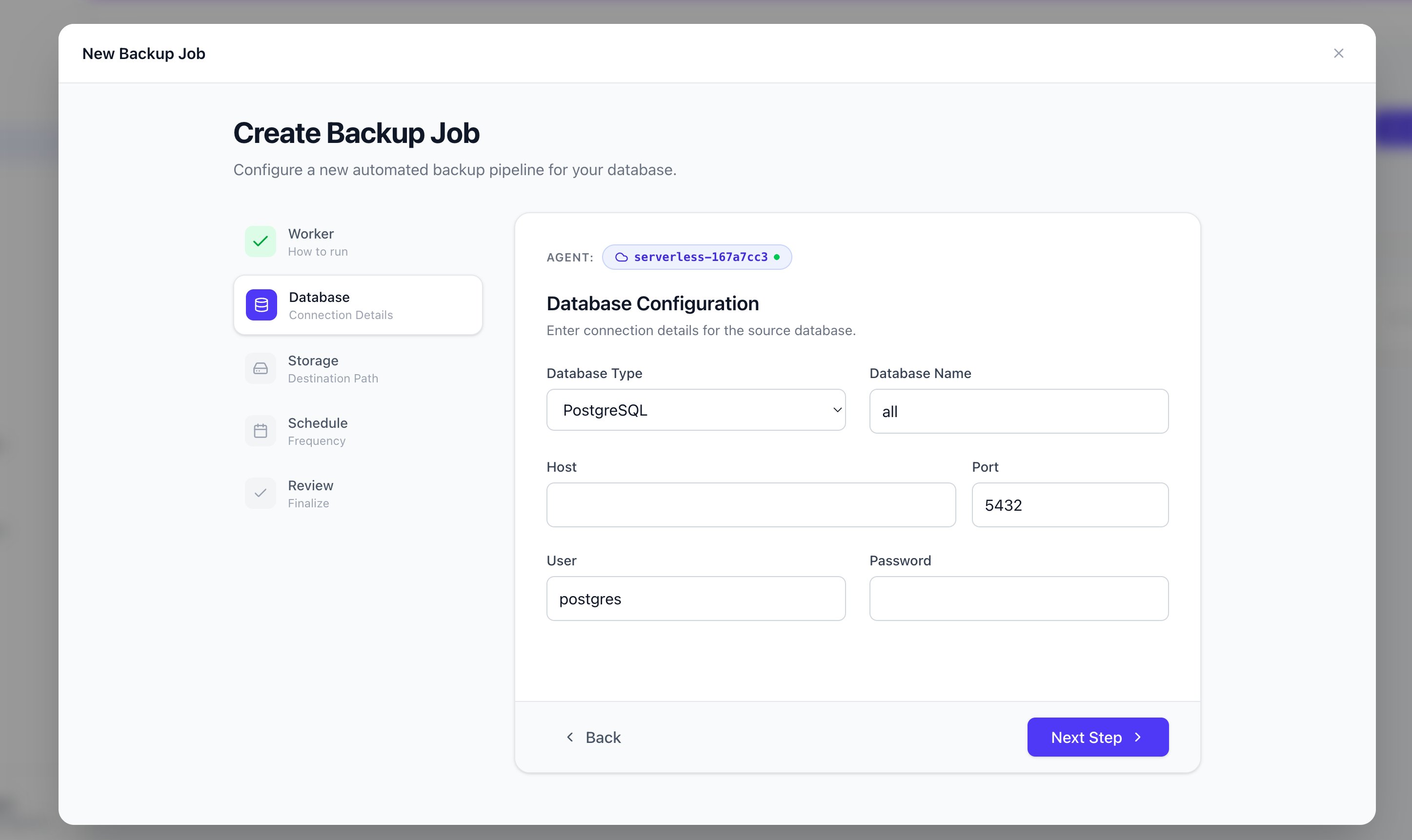 Database configuration form with PostgreSQL selected