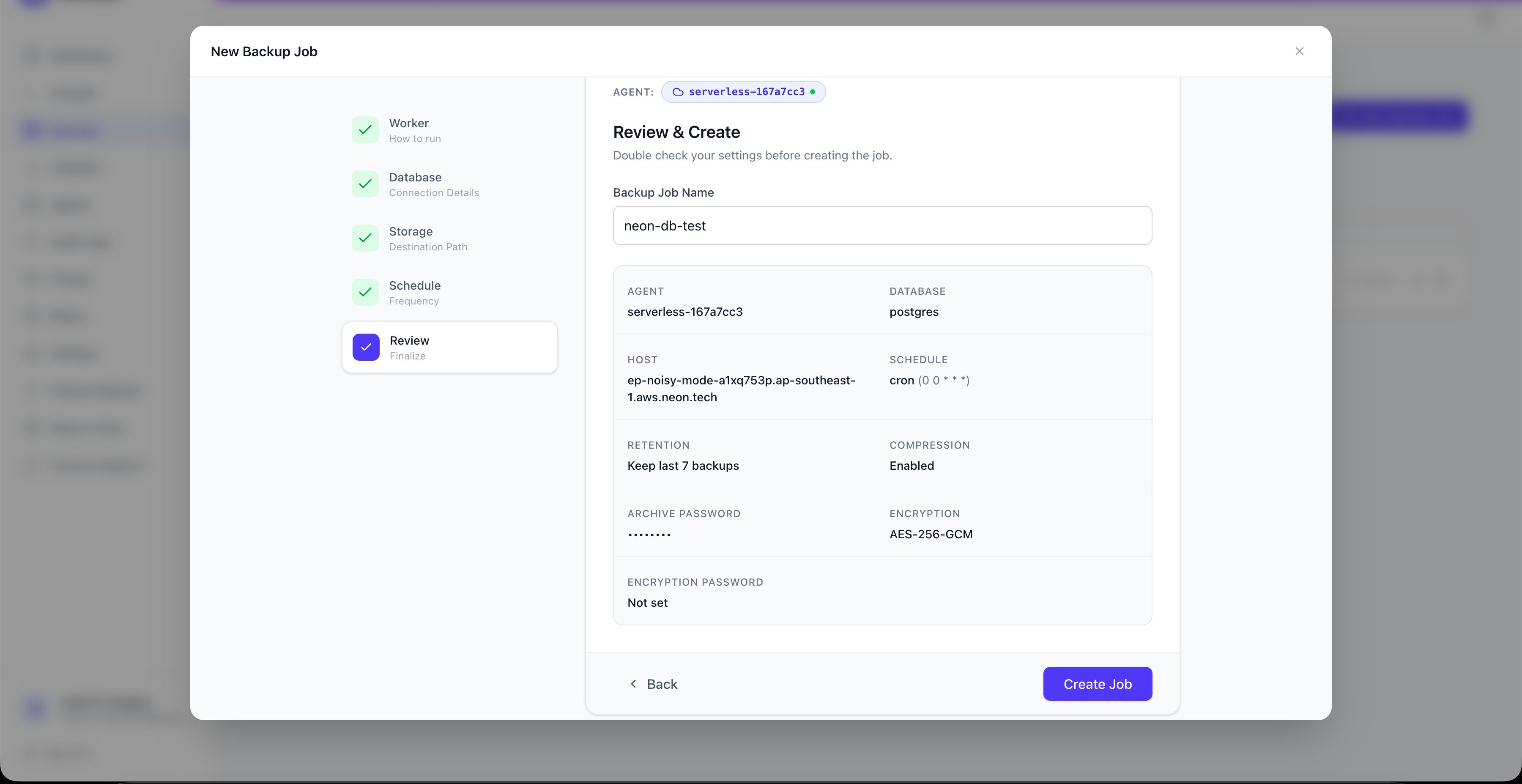 Review and create screen showing all backup job settings