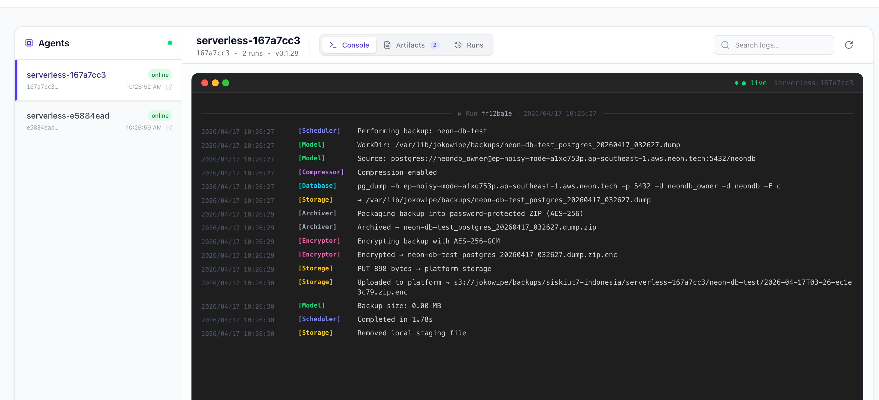 Agent console showing successful backup logs